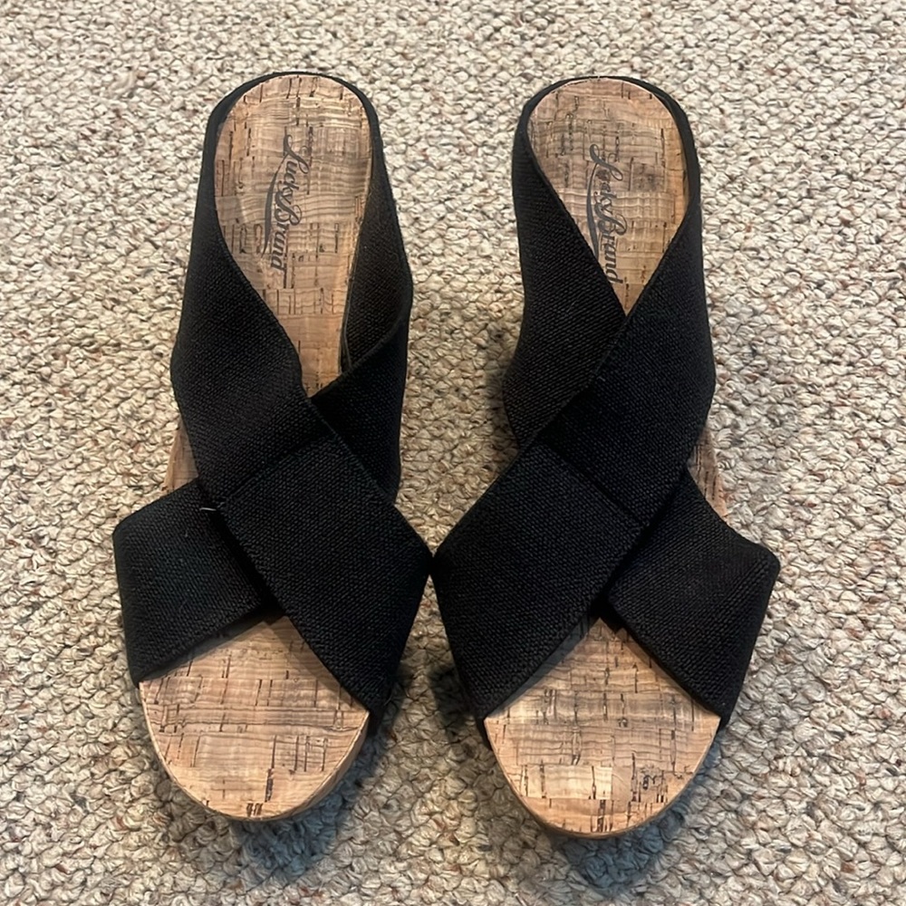 Lucky Brand Women's Miller2 Sandal Size 8.5 Cork Wedge Heel Platform Black Shoe - Picture 2 of 4